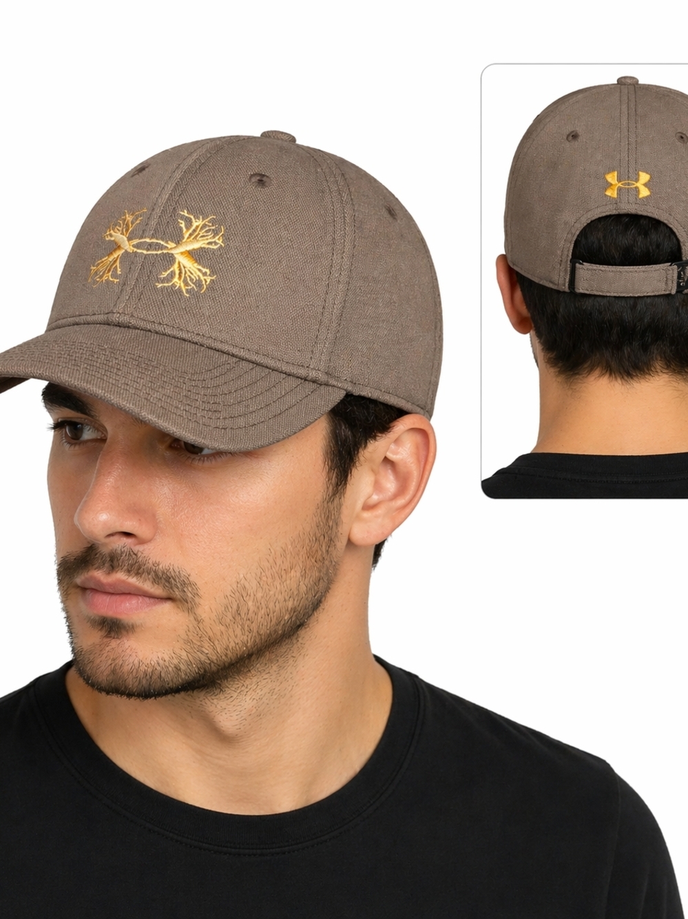 Under Armour Adjustable Strap Back Tan Gold Logo Baseball Hat/Cap Hook Loop